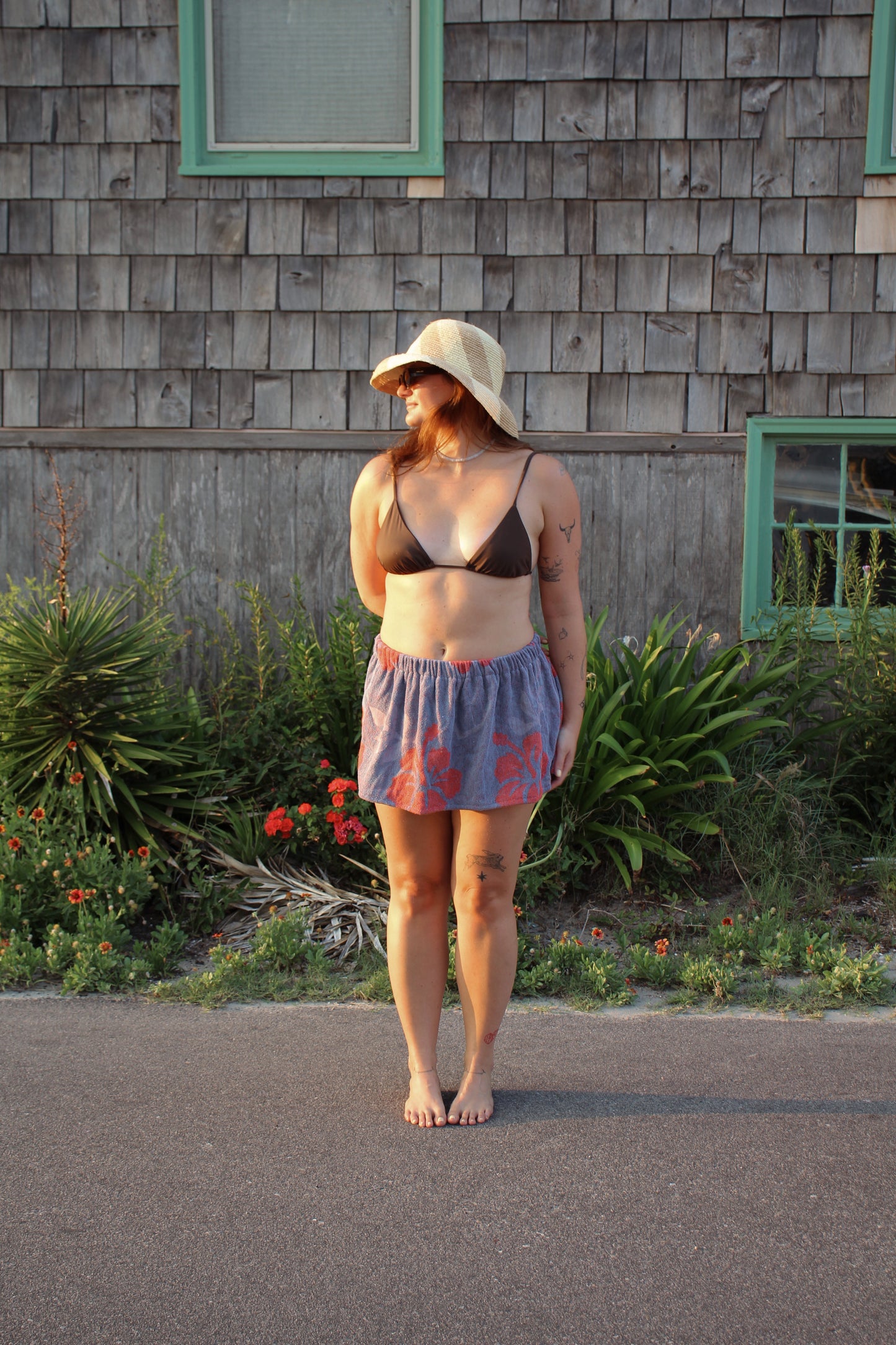 Towel Skirt in Blue + Red Hibiscus