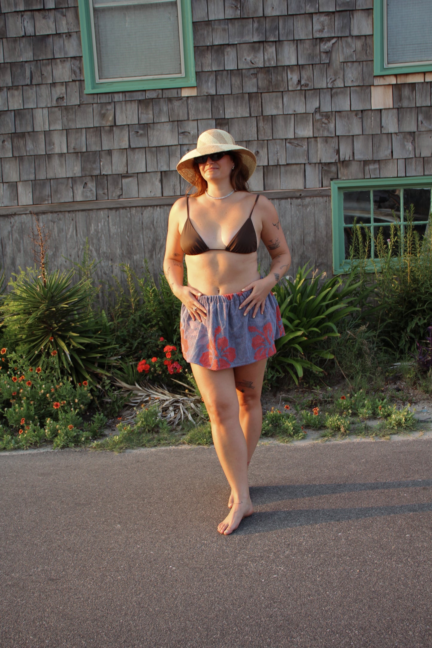 Towel Skirt in Blue + Red Hibiscus