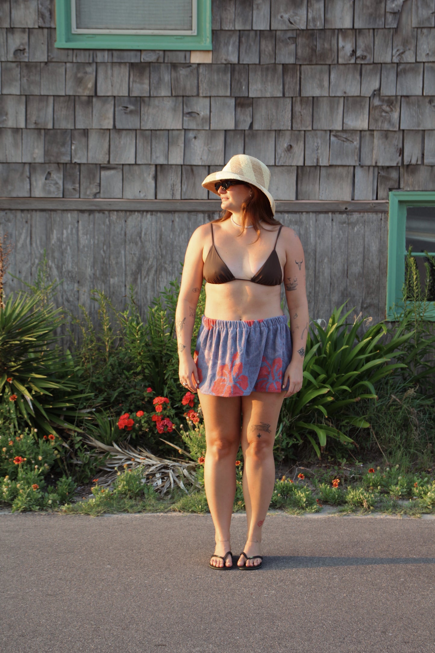 Towel Skirt in Blue + Red Hibiscus